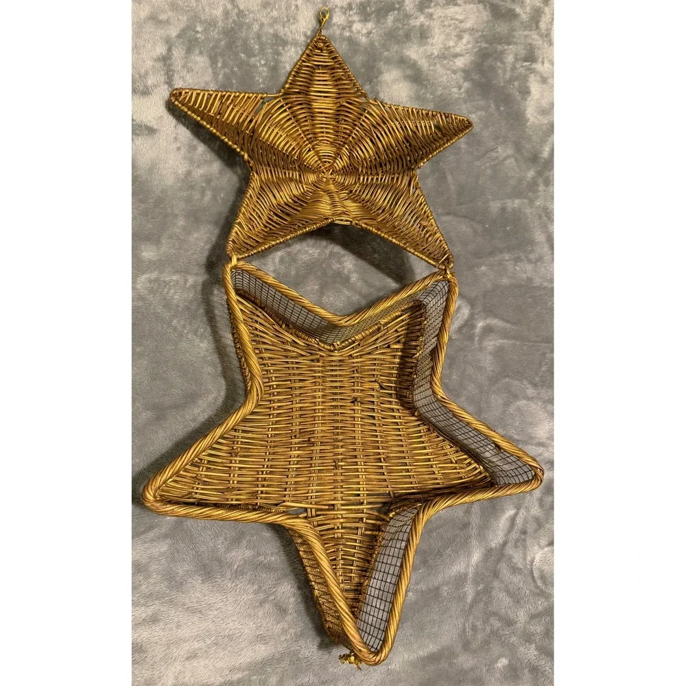 Vintage Gold Wicker Star Basket Hinged Lid Celestial Decor Gift Box Boho Star